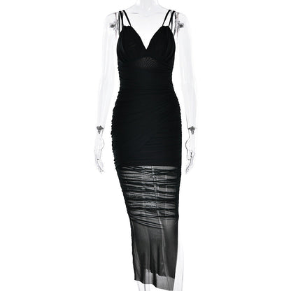 Suspender Deep V Plunge Sexy Dress Sexy Pleated Slim Mesh Dress by Ragazza