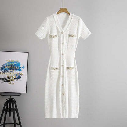 Summer Japanese Korean Women Clothing Classic V neck Short Sleeve Beaded Midi Dress Waist Tight Knitted Dress  DestGlow