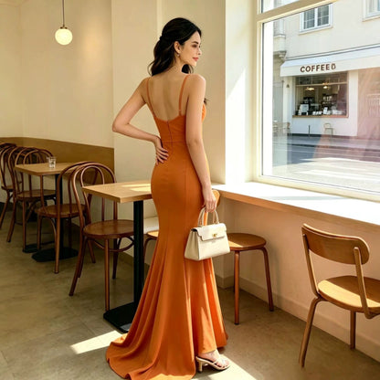 Women V neck Backless Sling Cocktail Hip Slim Fit Fishtail Dress  DestGlow
