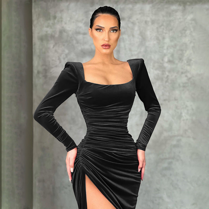Women Clothing Winter Sexy Square Neck Fold High Waist Tuxedo Dress by Ragazza