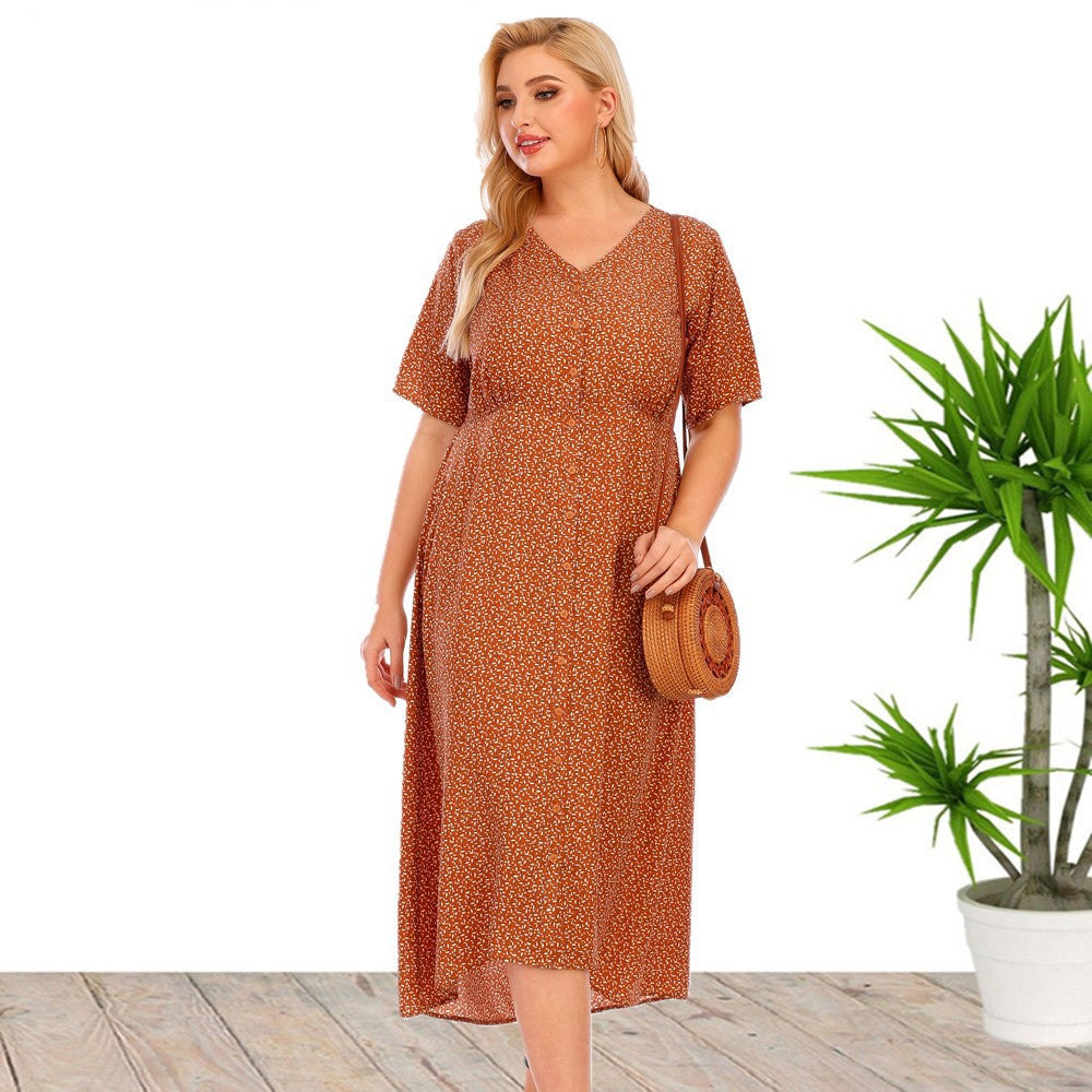 Plus Size Women Summer Short Sleeve Printed Button Pocket Dress by Ragazza
