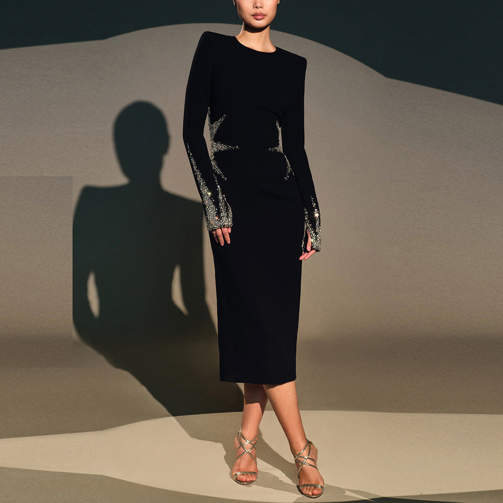Autumn Winter Star Heavy Industry Beads Diamond Slim Mid Length Dress  DestGlow