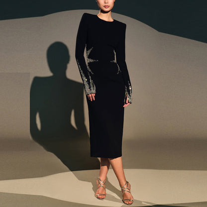 Autumn Winter Star Heavy Industry Beads Diamond Slim Mid Length Dress  DestGlow