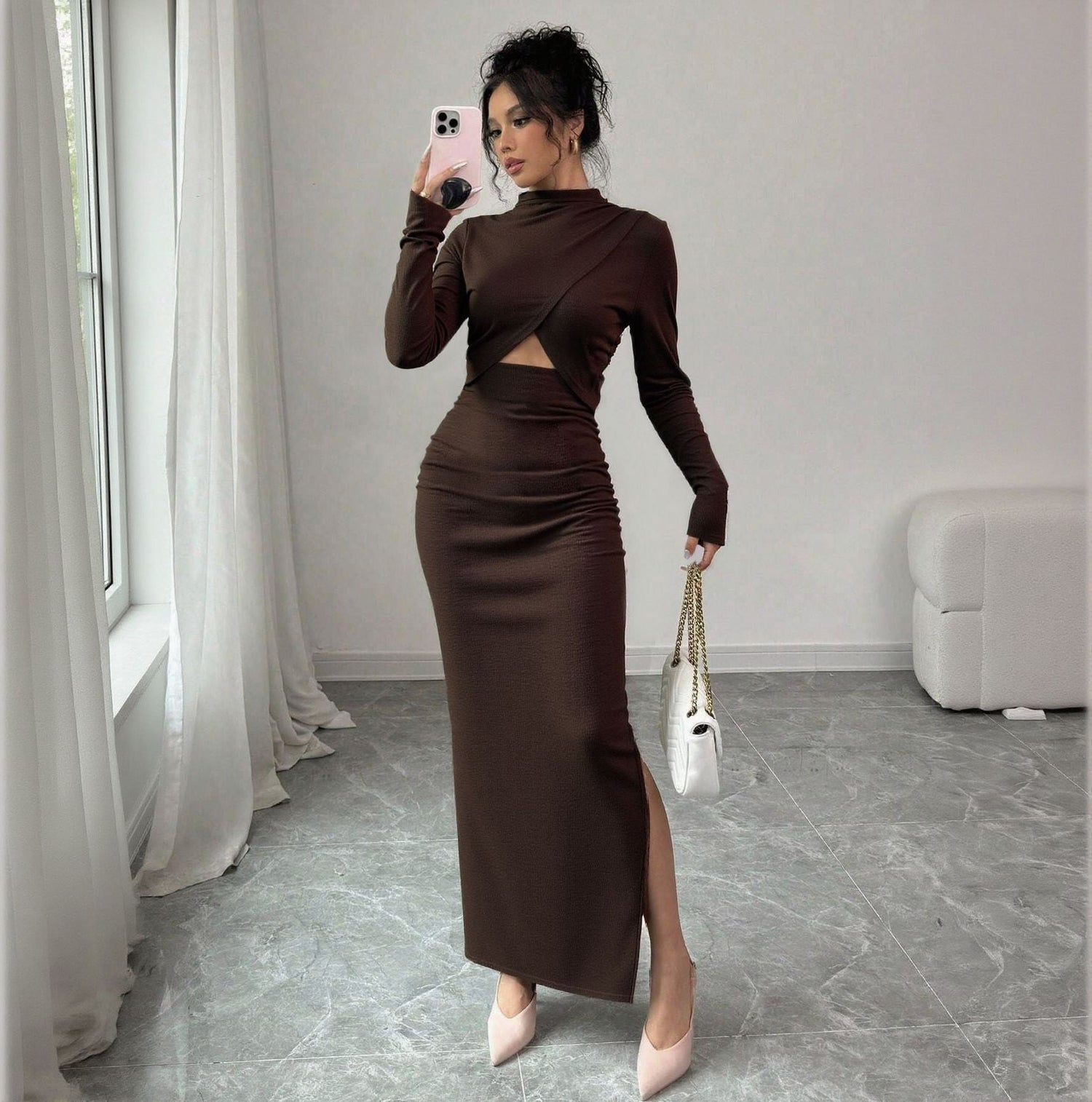 Autumn Winter Sexy Slit Slim Fitting Cropped Outfit Long Sleeve Mid Length Long Sleeve Dress by Ragazza