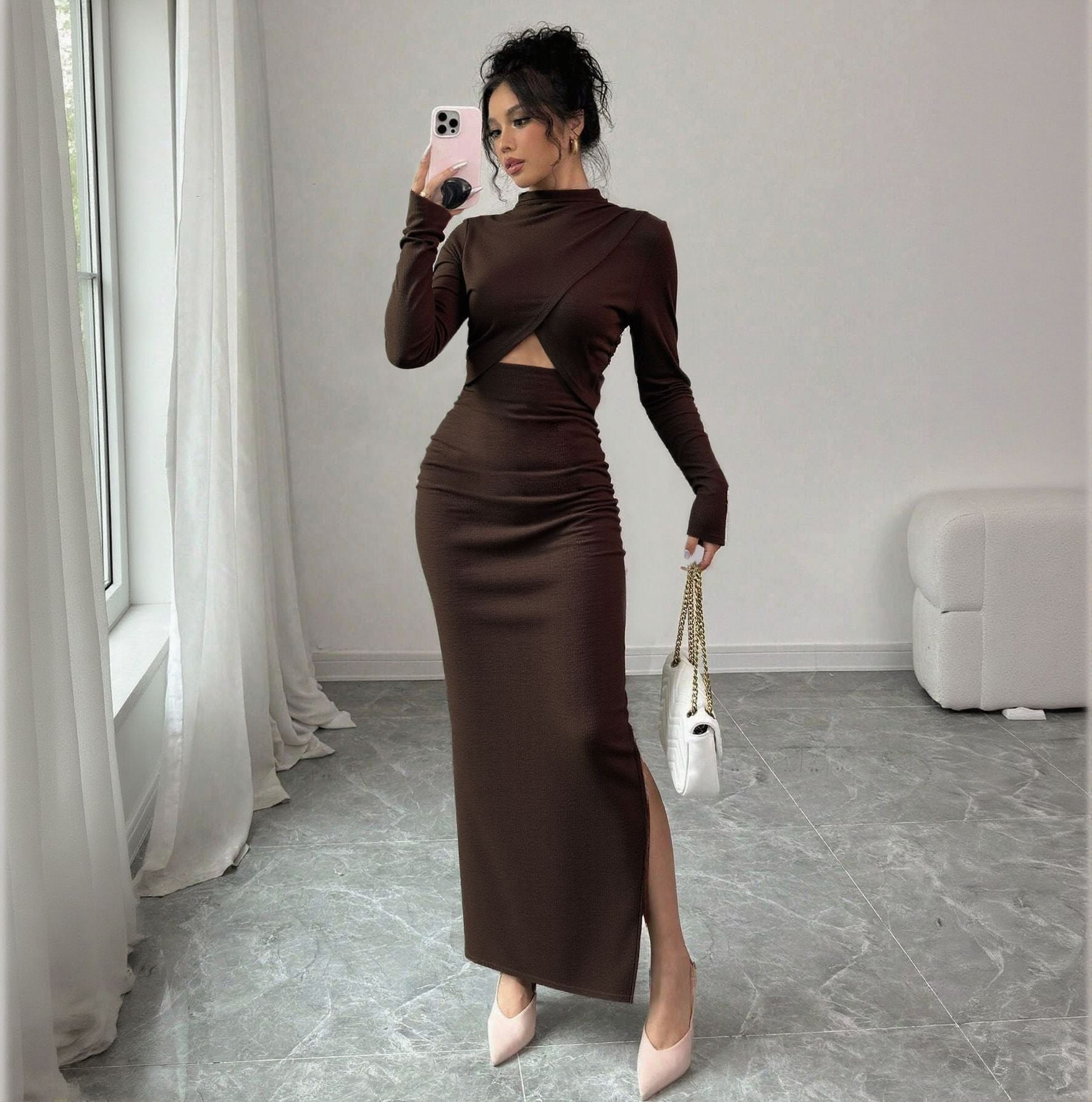 Autumn Winter Sexy Slit Slim Fitting Cropped Outfit Long Sleeve Mid Length Long Sleeve Dress by Ragazza