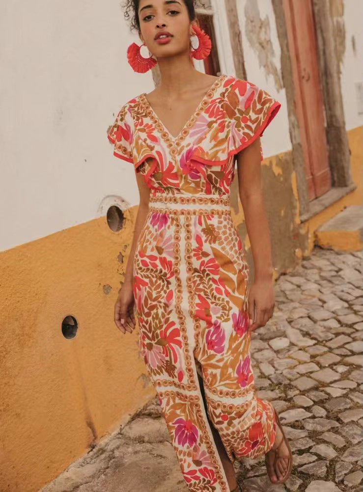 V neck Flounce Slit Positioning Floral Backless Dress by Ragazza