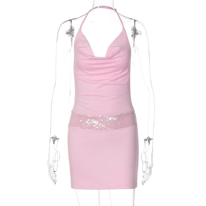 Women Clothing Summer Sexy Low Cut Swing Collar Halter Backless Skinny Sheath Dress  DestGlow