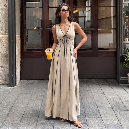 Summer Office Lace up Contrast Color V neck Sleeveless Dress Women  DestGlow