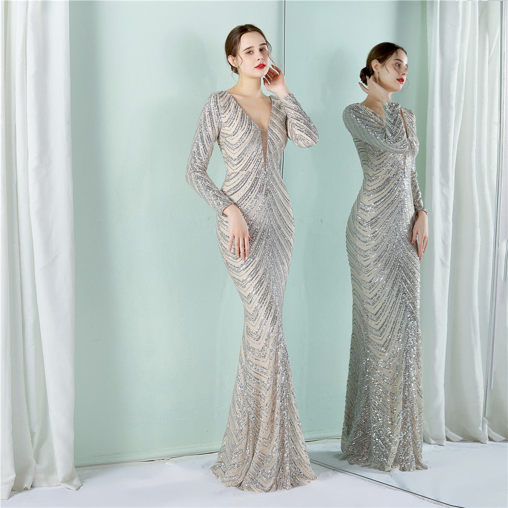 Positioning Floral Sequin Evening Dress Women Banquet Elegant Long Sleeve Sequined Queen Fishtail Dress by Ragazza