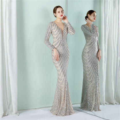 Positioning Floral Sequin Evening Dress Women Banquet Elegant Long Sleeve Sequined Queen Fishtail Dress by Ragazza