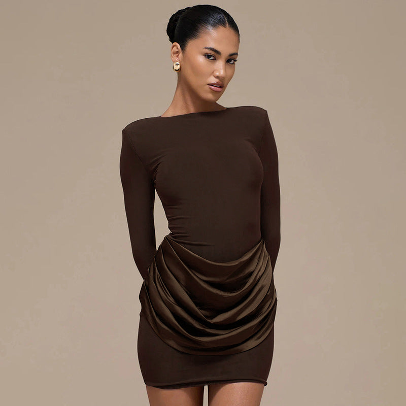Women Clothing Autumn Winter Solid Color Elegant Casual Slim Fit round Neck Long Sleeves Pleated Short Dress by Ragazza