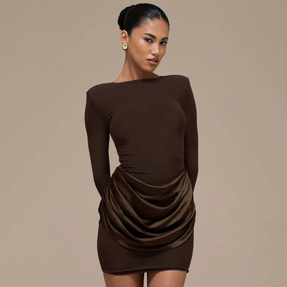 Women Clothing Autumn Winter Solid Color Elegant Casual Slim Fit round Neck Long Sleeves Pleated Short Dress by Ragazza