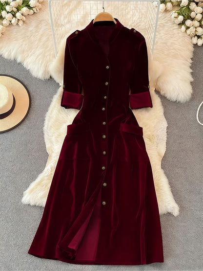 Autumn Winter French Retro Elegant High Grade Velvet Cardigan Dress for Women by Ragazza
