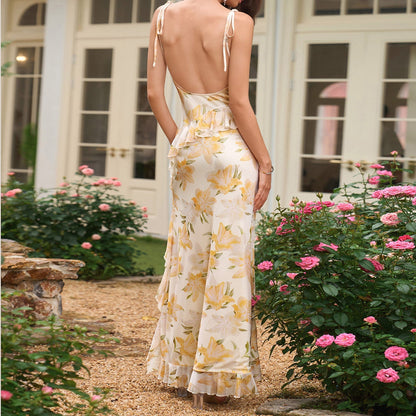 Mesh Camisole Dress Sexy Printed Backless Lace up High Slit Maxi Dress  DestGlow