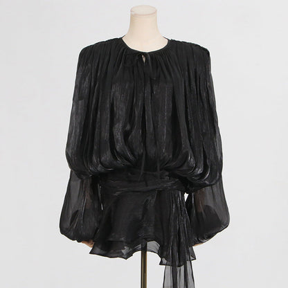 Puff Sleeve Lotus Leaf dress Early Spring Pleated Design Short Mesh Dress Women by Ragazza