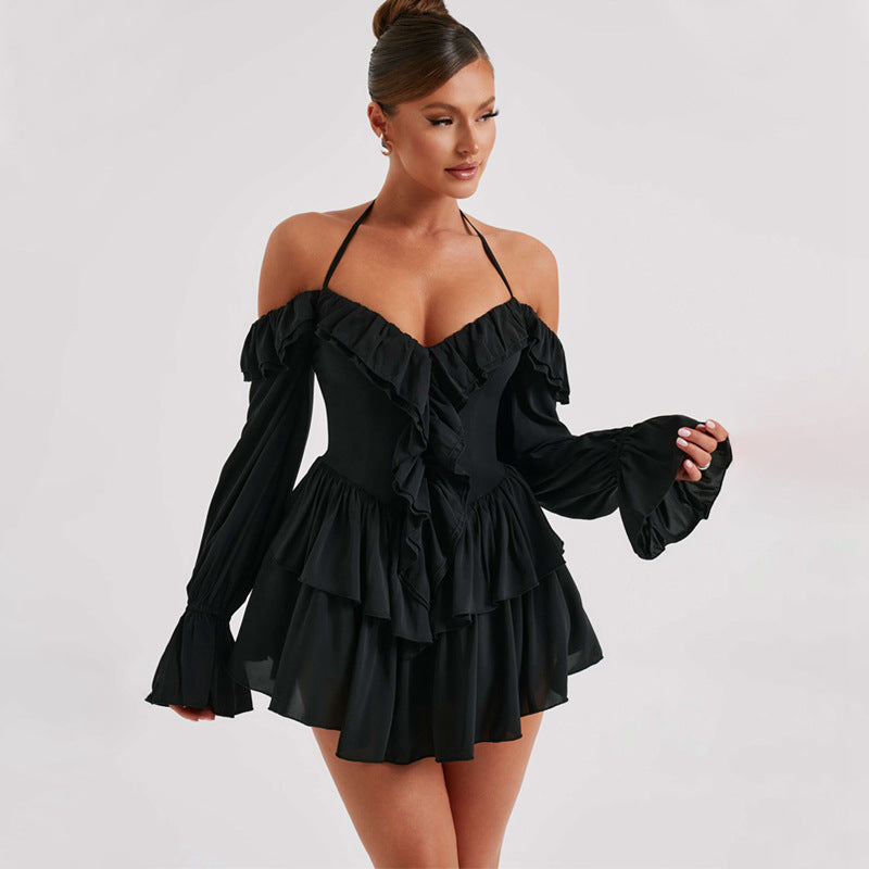 Women Clothing Autumn Sexy Halter Low Cut Ruffled Long Sleeve Romper by Ragazza