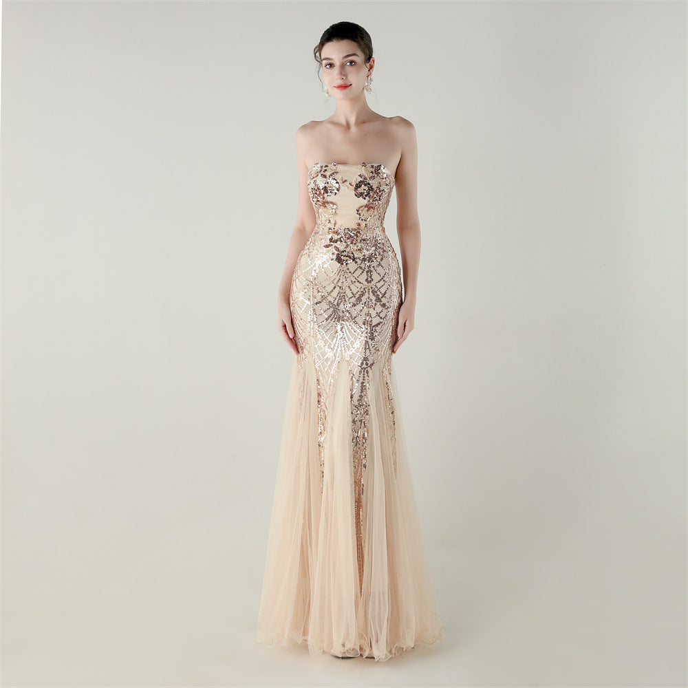 Tube Top Cross Strap Beaded Tube Floral Sequin Mesh Evening Dress Cocktail Wedding Social Elegant Clothing by Ragazza