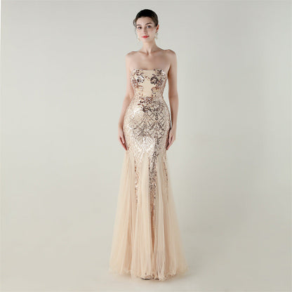 Tube Top Cross Strap Beaded Tube Floral Sequin Mesh Evening Dress Cocktail Wedding Social Elegant Clothing by Ragazza