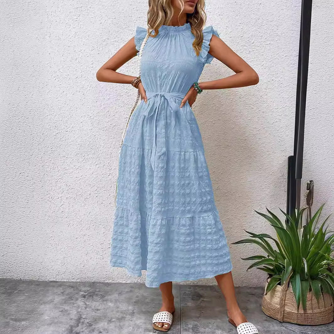 Women Clothing Summer Fashionable Stringy Selvedge Flying Sleeves Lace Up Texture Dress by Ragazza