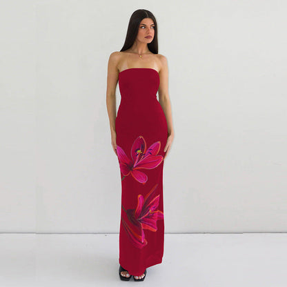 Women Clothing Summer Personalized Printed off Neck Tube Top Backless Tied Dress by Ragazza