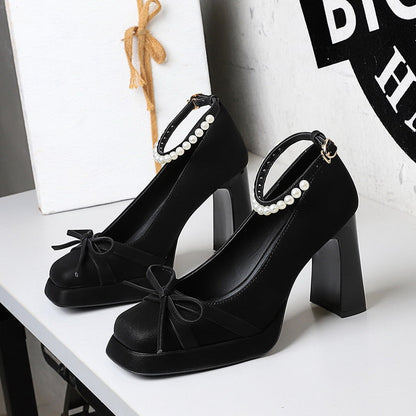 French Bow Waterproof Platform Thick Heel High Heels Women Square Toe Shallow Mouth Pearl Ankle Strap Shoes Women  DestGlow