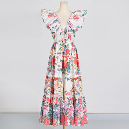 Spring Deep V Plunge neck Ruffled Sleeve Maxi Dress Ruffled Stitching Printing Design Waist Slimming Dress for Women by Ragazza