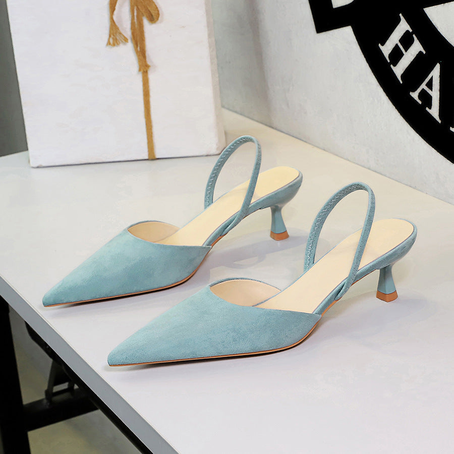 Cocktail Women Shoes High Grade Suede Pointed Toe Slingback Back Strap Middle Heel Fine Heel Sandals  DestGlow
