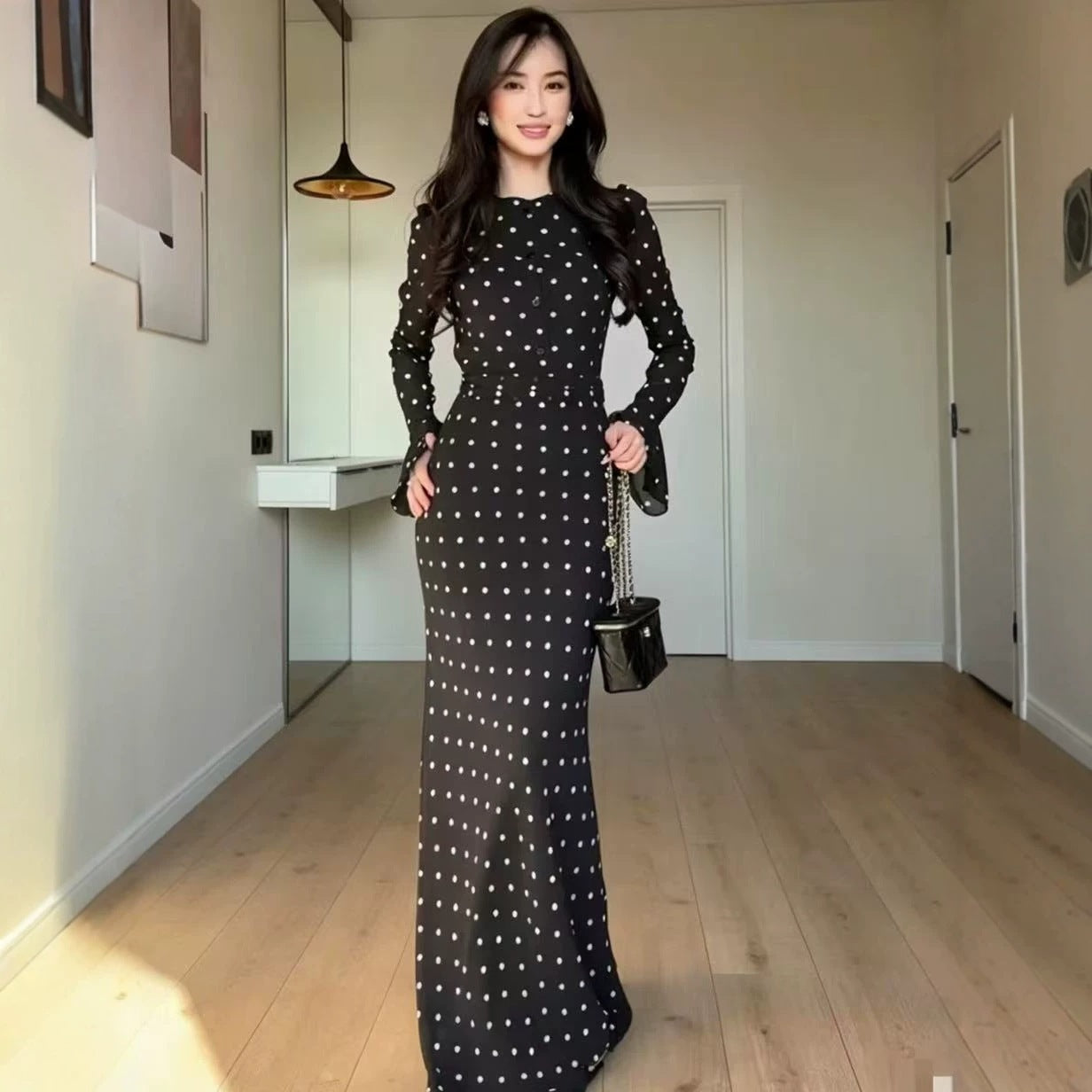 Spring Autumn Polka Dot Pattern round Neck Long Sleeve Flared Sleeves Graceful Fashionable Dress Women  DestGlow