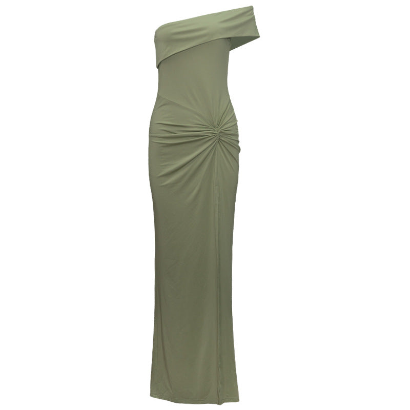 Slant Shoulder Tight Waist Twisted High Waist High Slit Sheath Maxi Dress by Ragazza