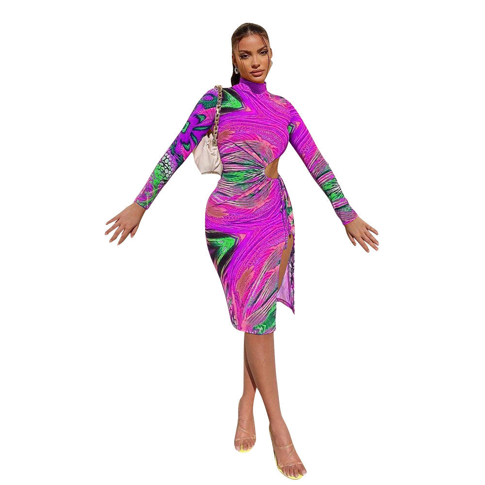 Women Clothing Sexy Mid Waist Printed Milk Silk Midi Dress by Ragazza