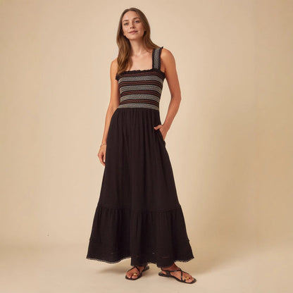 Women French Summer Vacation Smocking Braces Vest Stitching Dress Long  DestGlow