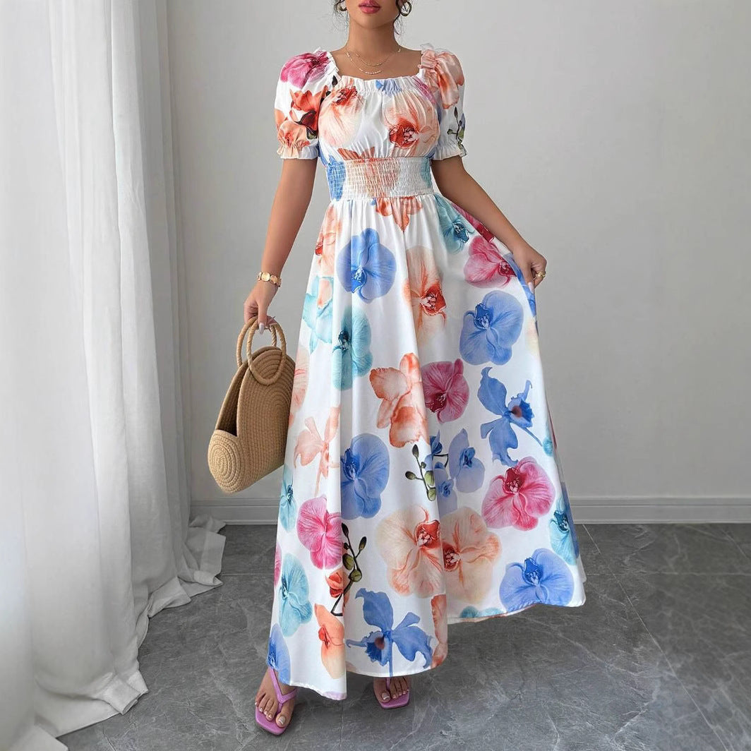 Summer Bubble Sleeve High Waist Tight Waist Women Printed Wear Large Swing Sling Dress by Ragazza