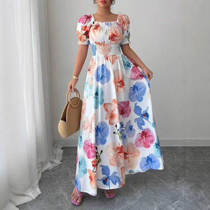 Summer Bubble Sleeve High Waist Tight Waist Women Printed Wear Large Swing Sling Dress by Ragazza