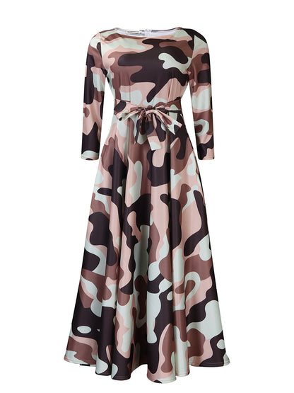 Women Clothing Spring Elegant Graceful Printed Lace up Large Dress by Ragazza