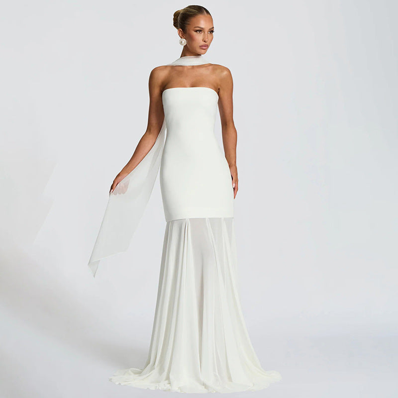 Women Clothing Autumn Winter Solid Color Elegant Sleeveless Chiffon Stitching Tube Top Ribbon Maxi Dress by Ragazza