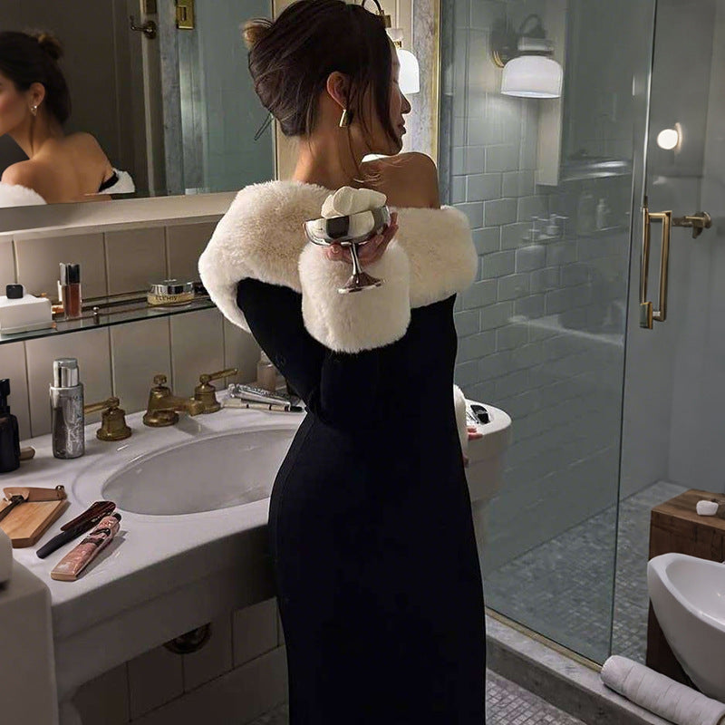 Autumn Winter Women Sexy Fur Collar Stitching Slim Fit Oblique Shoulder Color Matching Long Sleeve Elegant Dress by Ragazza