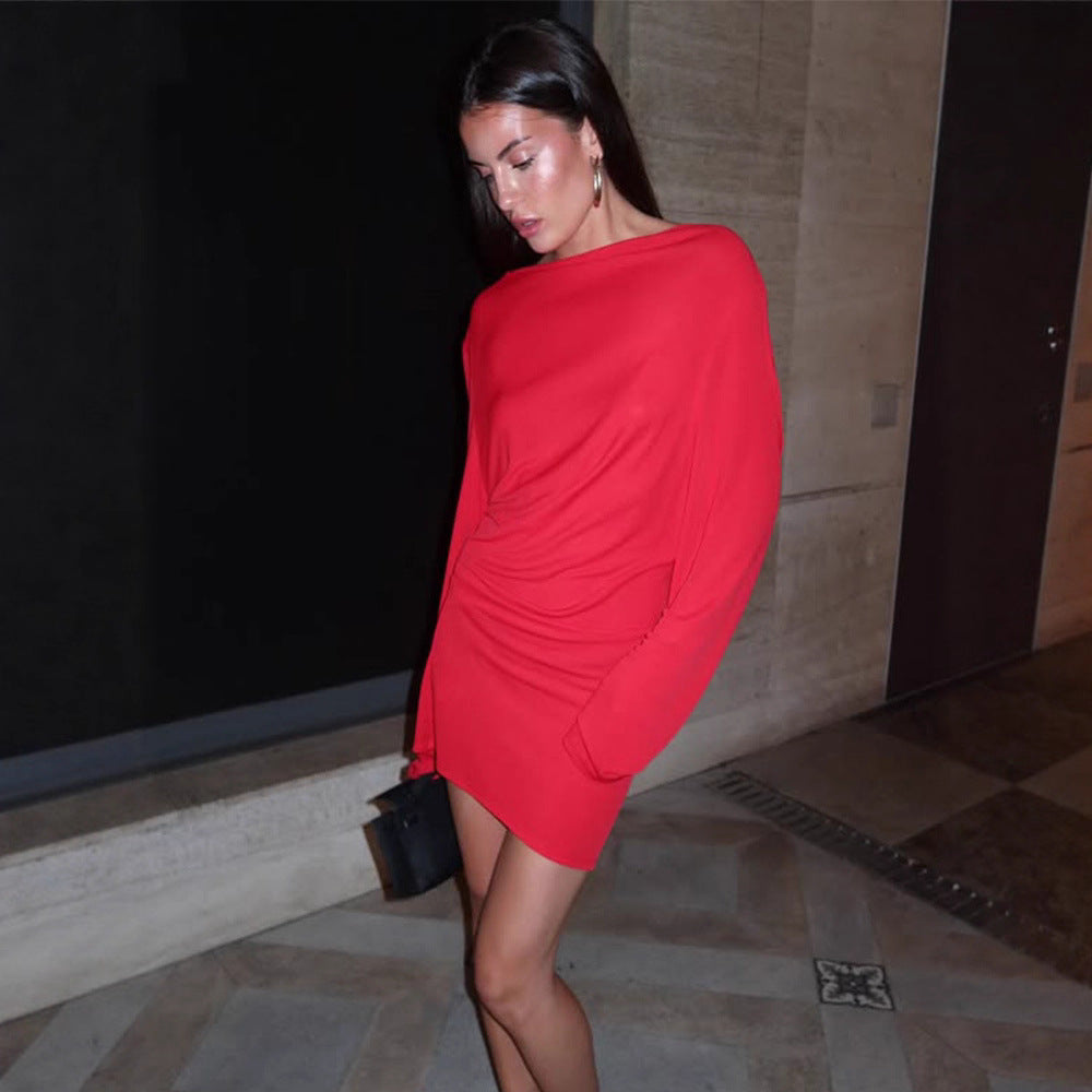 Red Women V Shaped Backless Elegant Socialite Solid Color Slim Dress Women by Ragazza