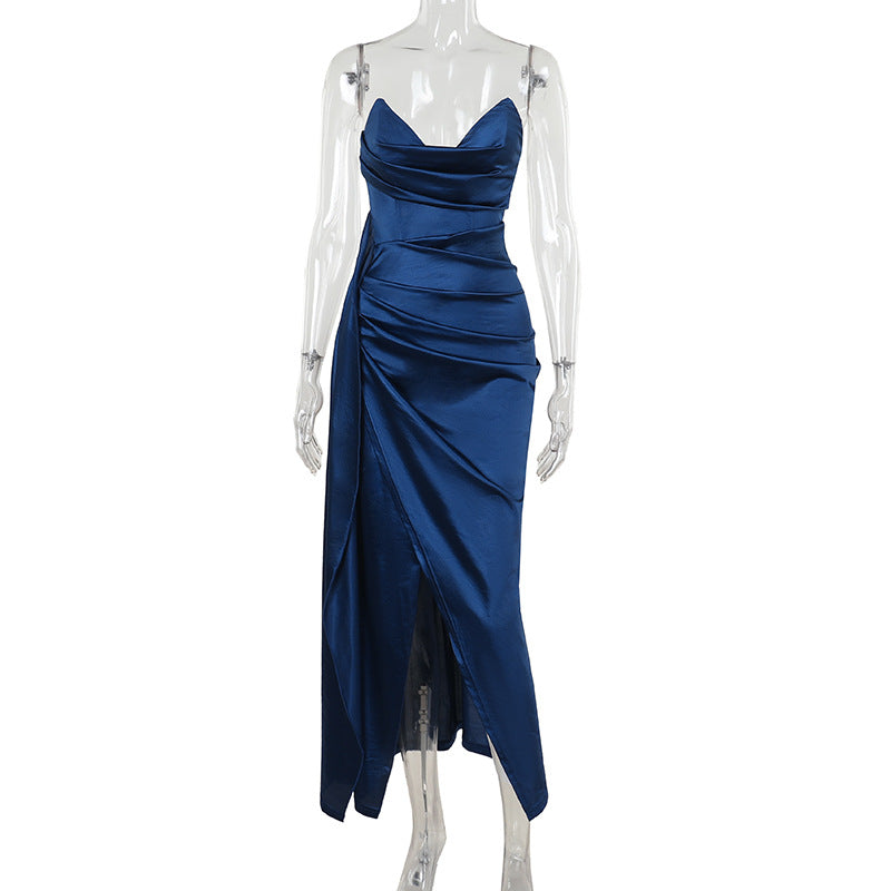 Autumn Socialite Elegant Sexy Slim Deep V Plunge Waist Satin Split Dress Women by Ragazza