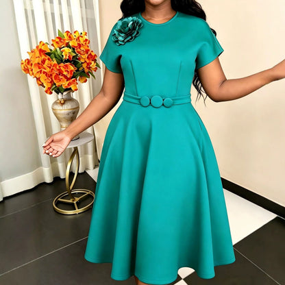 Elegant Decorative Button Dress A Swing High Waist Slimming Three Dimensional Applique Solid Color Dress by Ragazza