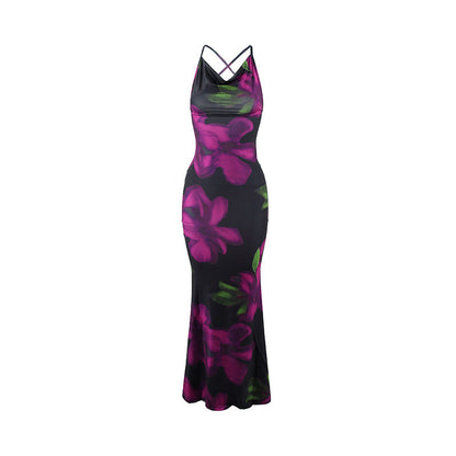 Women Dress Floral Print Cross Shoulder Strap Backless Slim Fit Inner Dress by Ragazza