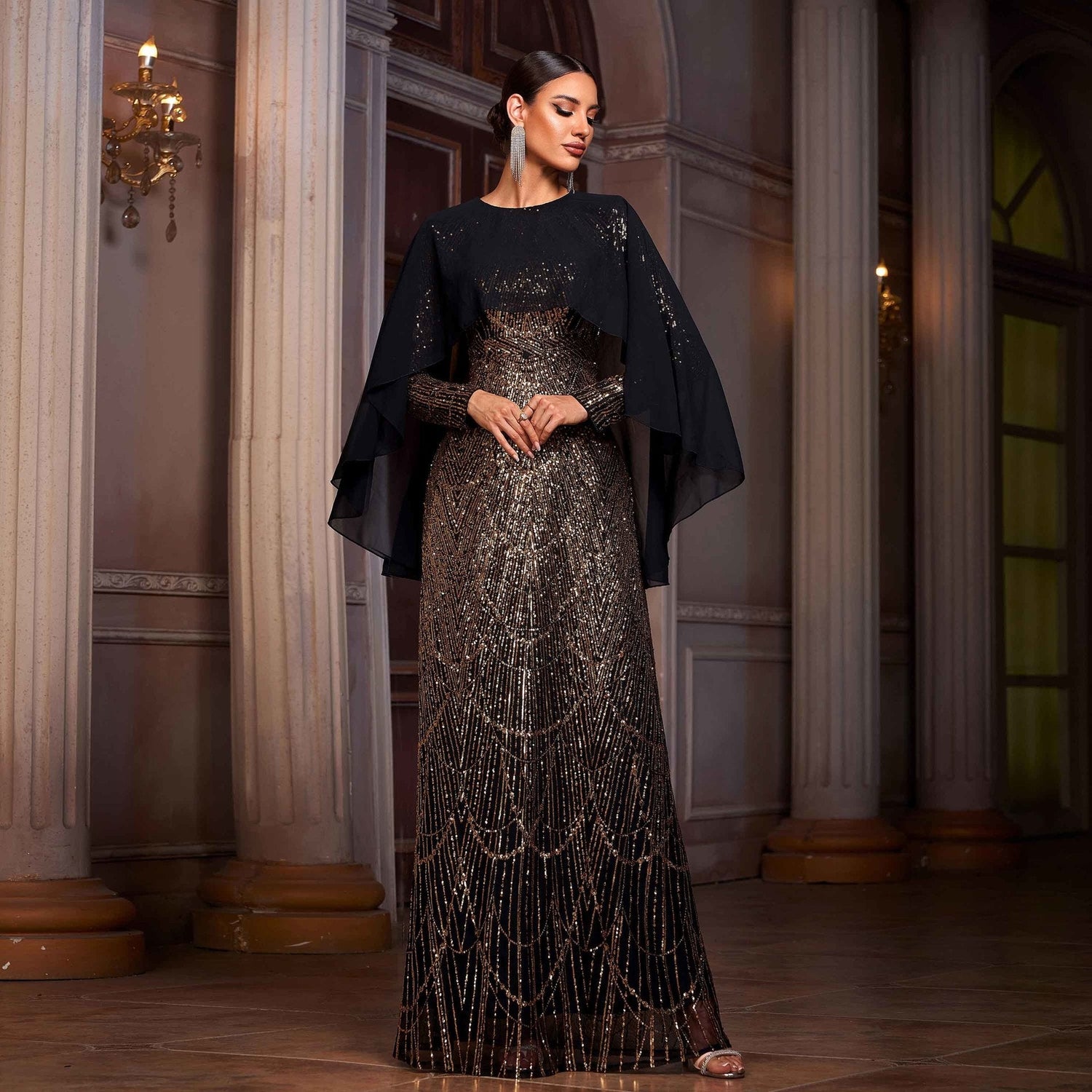 Women Clothing High Grade Long Sleeved round Neck Shawl Cocktail Sequined A Swing Evening Dress Women by Ragazza