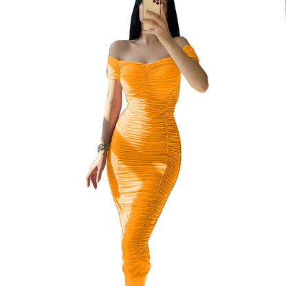 Solid Color Dress Elegant Summer Women Clothing off-Shoulder Pleated Dress by Ragazza