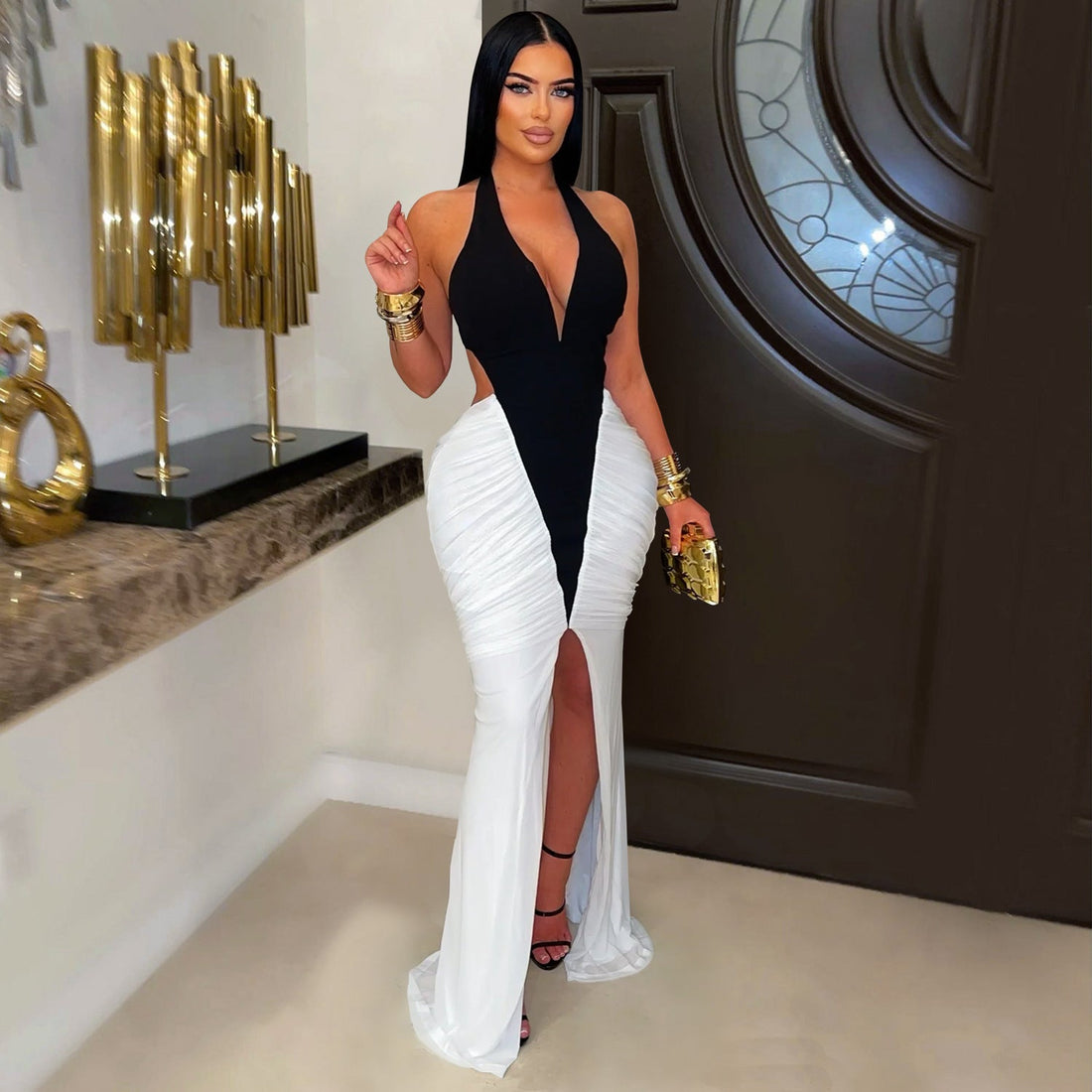 Women Wear Sexy V Neck Arm Covering Split Backless Dress by Ragazza