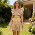 French Flying Sleeves Short Dress Autumn High Grade Printed Stitching Deep V Plunge neck Dress Women  DestGlow