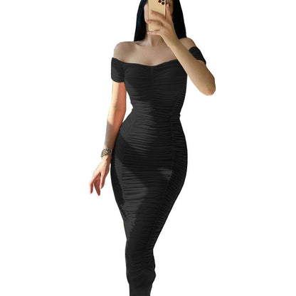 Solid Color Dress Elegant Summer Women Clothing off-Shoulder Pleated Dress by Ragazza