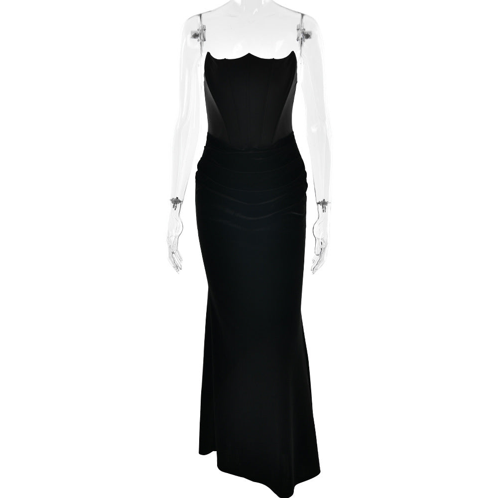 Sexy Elegant Tube Top Package Hip Maxi Dress Solid Color Stitching Sleeveless Slim Fit Dress by Ragazza