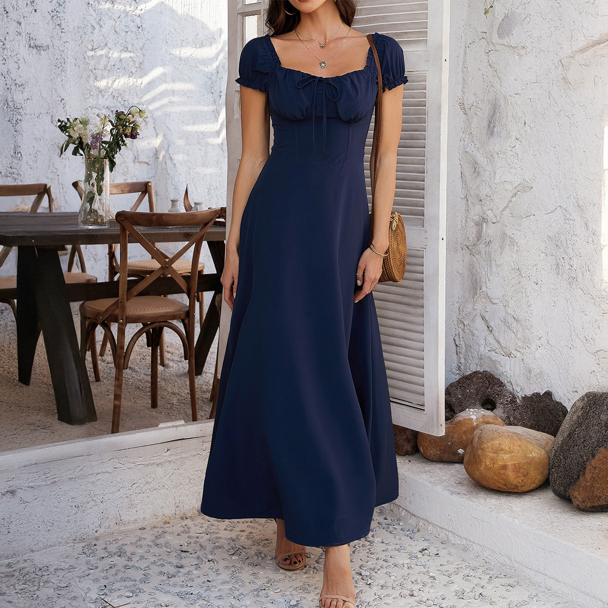Spring Summer Elegant Solid Color Tied Pleating Puff Sleeve French Dress Women Clothing by Ragazza