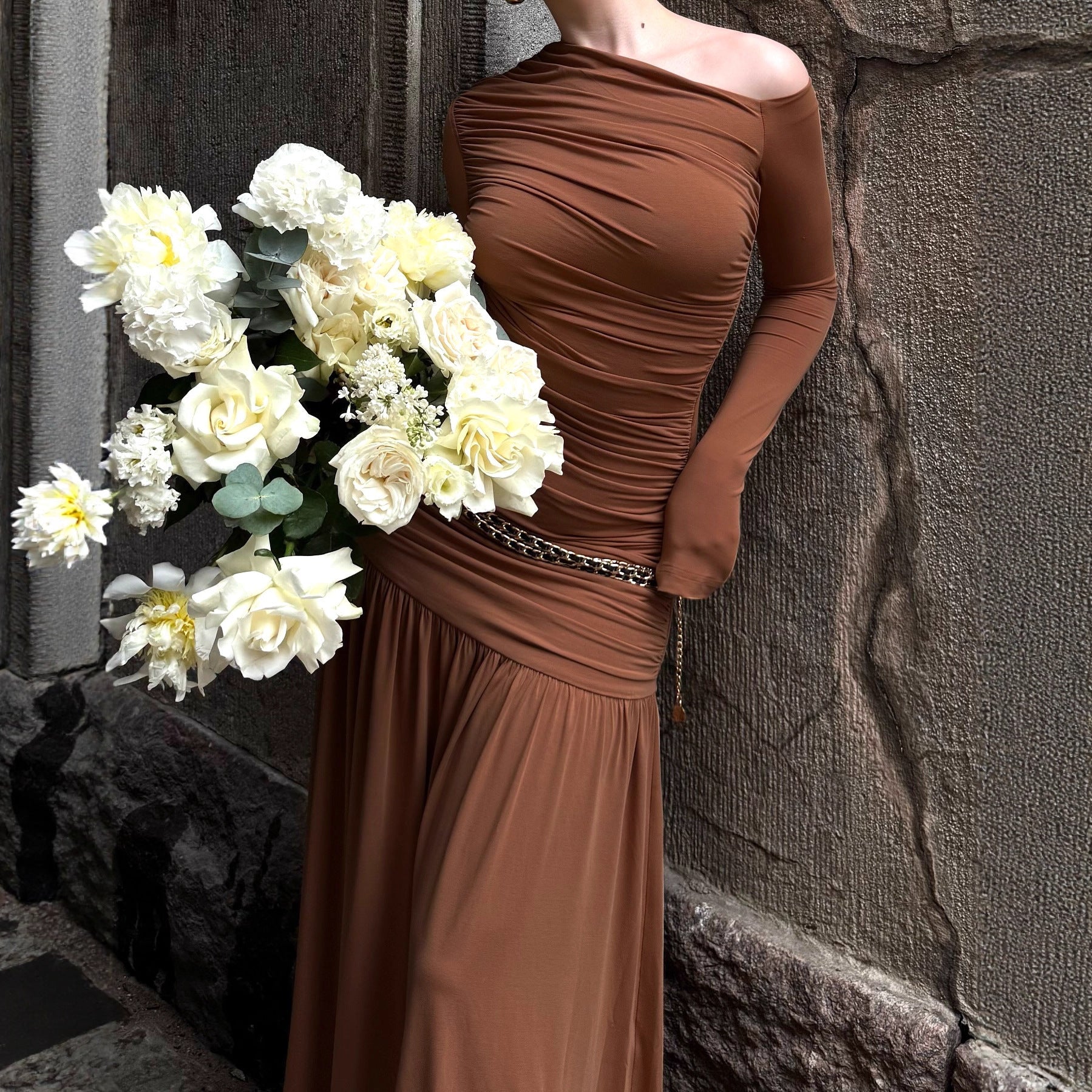Women Clothing Autumn Solid Color One Shoulder Cold Shoulder Long Sleeve Stitching Dress by Ragazza
