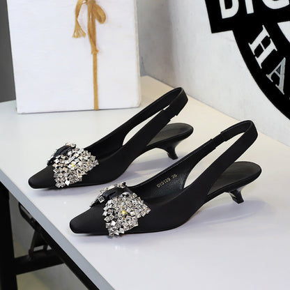 Diamond Big Bow Satin Sexy Back Empty Back Strap Low Heel Not Tired Foot Sandals  DestGlow