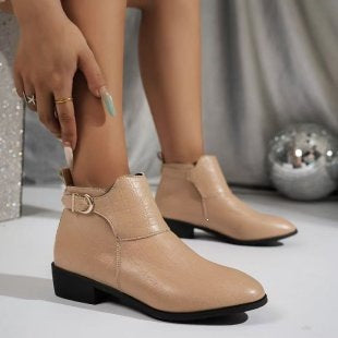 Low Heel Buckle Short Martin Boots Women Thick Heel Pointed Women Thin Leather Boots  DestGlow